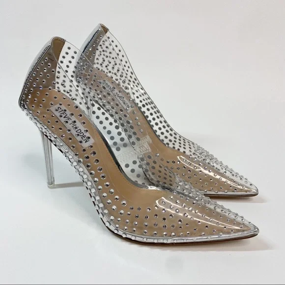 Steve Madden Women's Vala-r Heel in Rhinestone Crystal Silver Clear Pointed Toe - Picture 6 of 14